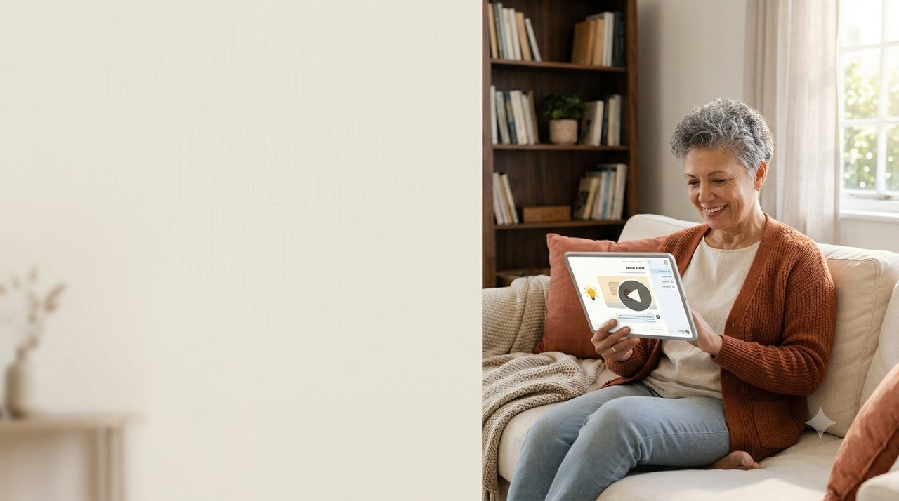 Eine ältere Frau lernt in Ruhe am Tablet auf dem Sofa, eine kurze Lektion des Kurses auf dem Bildschirm